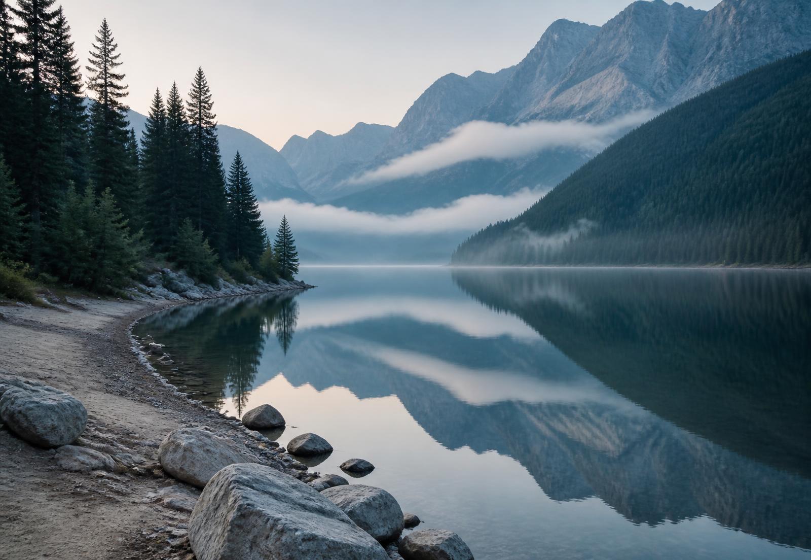 A still mountain lake at dawn, with mist over pine-covered slopes